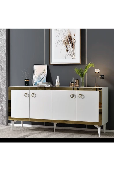 Cantek Dizayn Ponny Lazer Pleksi Desenli Konsol Beyaz-Altın