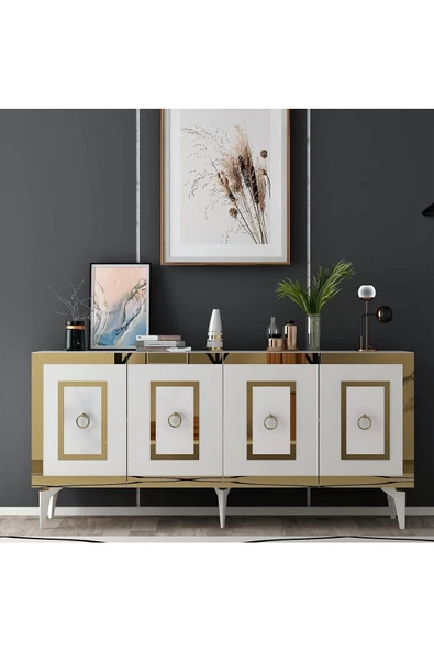 Cantek Dizayn Karrya Konsol 4 Kapaklı Raflı Beyaz-Altın
