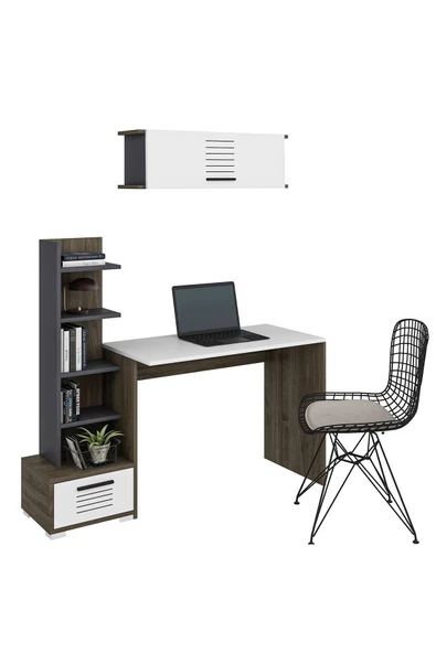 Cantek Dizayn Assimo Kitaplıklı,Raflı Çalışma Masası (P-T) Ceviz-Beyaz-Antrasit - 4