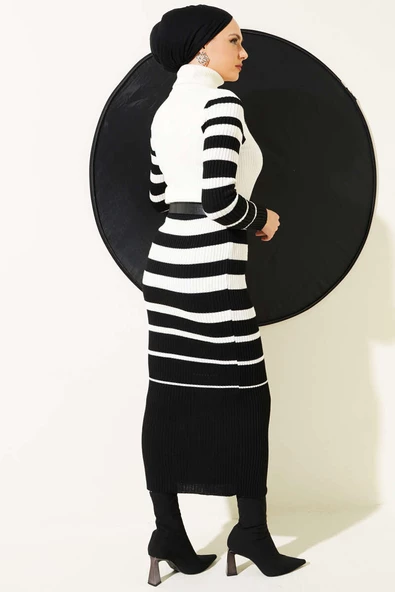 Boğazlı Çizgili Fitilli Triko Elbise Siyah - 3