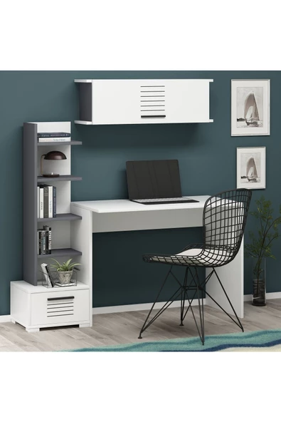 Cantek Dizayn Assimo Kitaplıklı,Raflı Çalışma Masası (P-T) Antrasit-Beyaz - 2