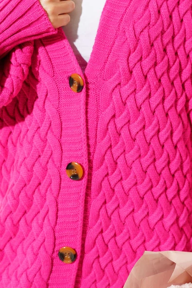 Boydan Düğmeli Sepet Örgü Uzun Hırka Fuşya - Resim 4