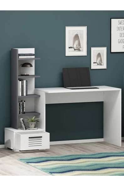 Cantek Dizayn Assimo Kitaplıklı Çalışma Masası (P) Antrasit-Beyaz - 2