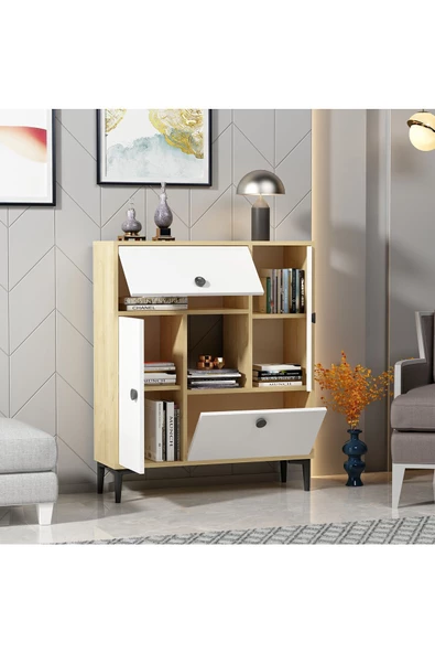 Cantek Dizayn Siddelya Konsol , Çok Amaçlı Dolap ,7 Raflı , 4 Kapaklı Safirmeşe-Beyaz - 6