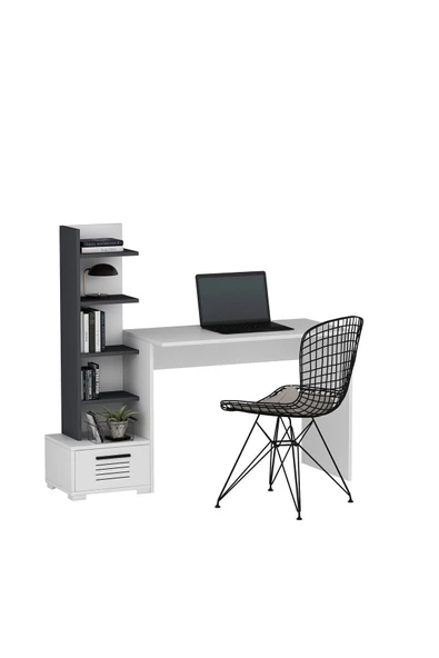 Cantek Dizayn Assimo Kitaplıklı Çalışma Masası (P) Antrasit-Beyaz - 3