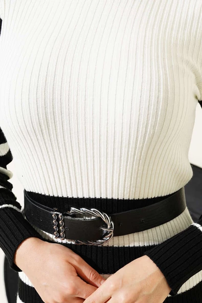 Boğazlı Çizgili Fitilli Triko Elbise Siyah - 4