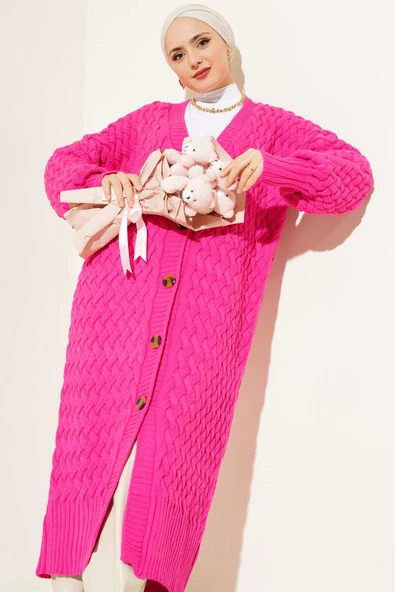 Boydan Düğmeli Sepet Örgü Uzun Hırka Fuşya - Resim 2
