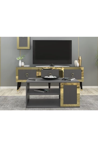 Cantek Dizayn Lazer Desneli 90 Cm Bare Orta Sehpa Antrasit-Altın