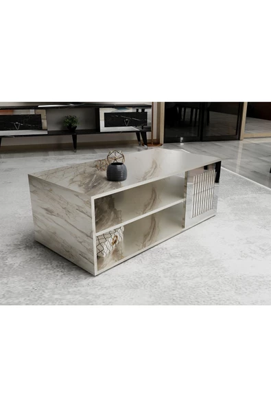 Cantek Dizayn Lazer Desenli 90 Cm Bare Orta Sehpa Efesmermer-Gümüş