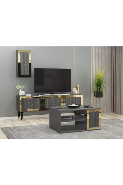 Cantek Dizayn Lazer Desneli 90 Cm Bare Orta Sehpa Antrasit-Altın - 3