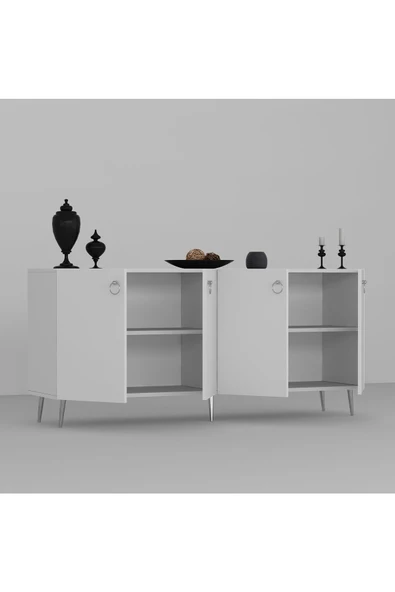 Cantek Dizayn Droop Tv Ünitesi,Konsol Ve Orta Sehpa 3'Lü Salon Takımı Beyaz-Gümüş - 4