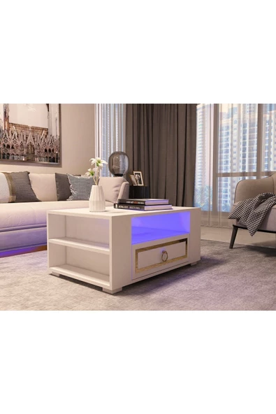 Cantek Dizayn Calvin Led Aydınlatmalı Orta Sehpa Beyaz-Altın