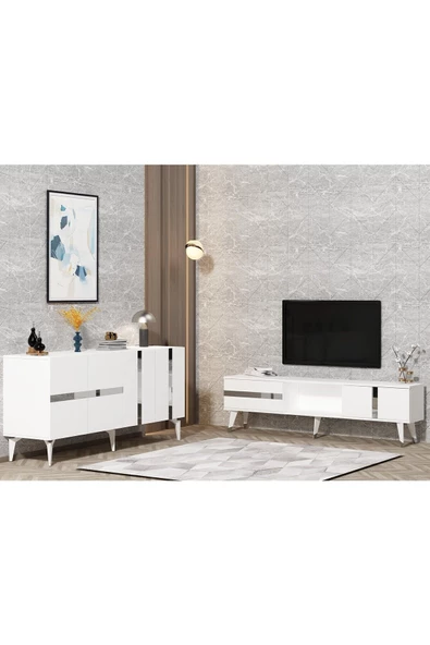 Cantek Dizayn Vannia Tv Sehpası Ve Konsol 2'Li Salon Takımı Beyaz-Gümüş