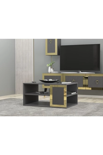 Cantek Dizayn Lazer Desneli 90 Cm Bare Orta Sehpa Antrasit-Altın - 2