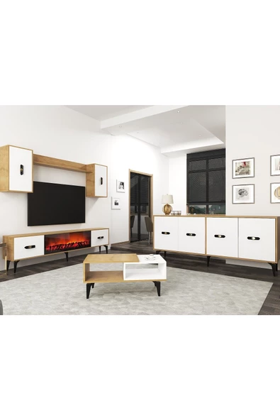 Cantek Dizayn Flyy 180 Cm Şömineli(B) Tv Ünitesi, Konsol(Kx180) Ve Orta Sehpa Salon Takımı Safirmeşe-Beyaz