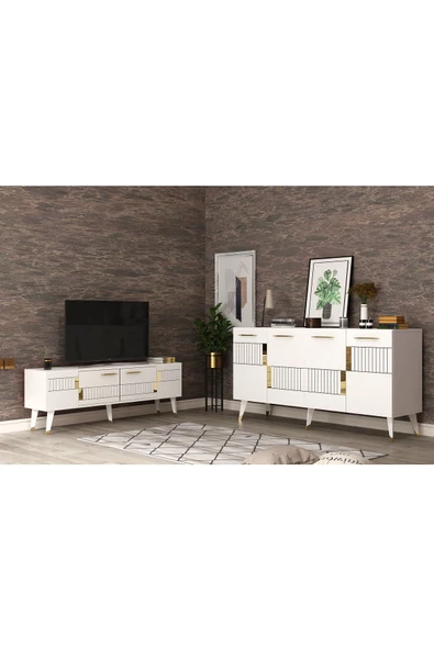 Cantek Dizayn Modda Tv Sehpası,Konsol 2'Li Salon Takımı Beyaz-Altın