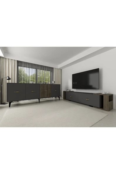 Cantek Dizayn Veryct 180 Cm Konsol (Kx180) Ve Tv Sehpası 2'Li Salon Takımı Antrasit-Ceviz