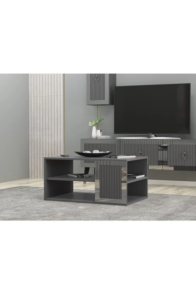 Cantek Dizayn Lazer Desneli 90 Cm Bare Orta Sehpa Antrasit-Gümüş - 2