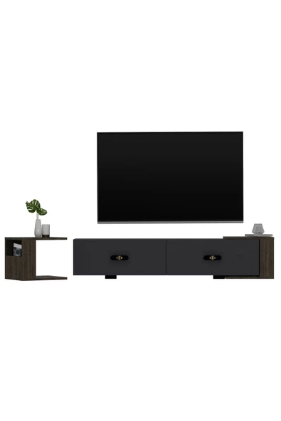 Cantek Dizayn Cherryct 180 Cm Konsol (Kx180) Ve Tv Sehpası 2'Li Salon Takımı Antrasit-Ceviz - 8