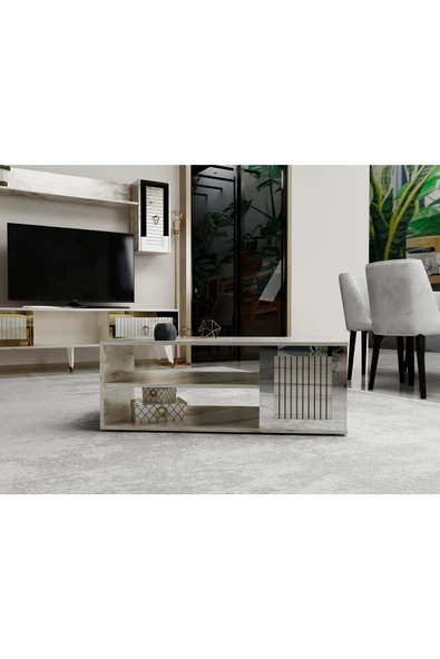 Cantek Dizayn Lazer Desenli 90 Cm Bare Orta Sehpa Efesmermer-Gümüş - 2
