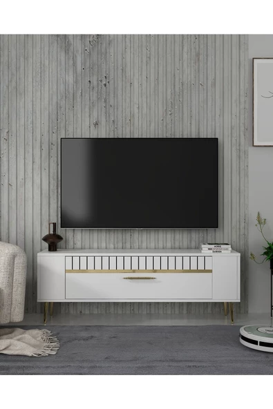 Cantek Dizayn Retrolp1Ct Tv Sehpası Beyaz-Altın