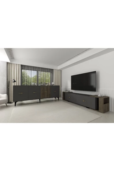 Cantek Dizayn Veryct 180 Cm Konsol (Kx180) Ve Tv Sehpası 2'Li Salon Takımı Antrasit-Ceviz - 2