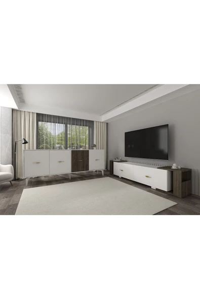 Cantek Dizayn Veryct 180 Cm Konsol (Kx180) Ve Tv Sehpası 2'Li Salon Takımı Beyaz-Ceviz