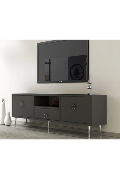Cantek Dizayn Droop Tv Ünitesi,Konsol Ve Orta Sehpa 3'Lü Salon Takımı Antrasit-Gümüş - 5