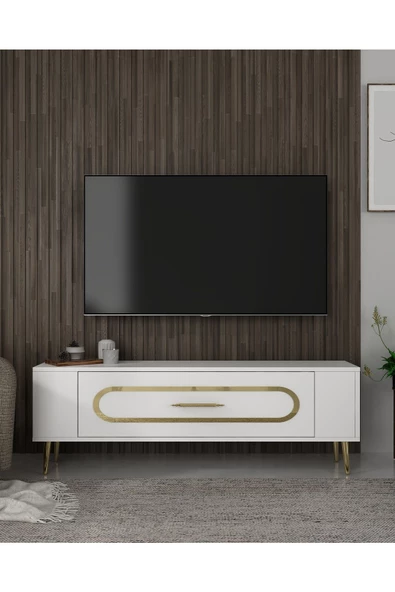 Cantek Dizayn Retrop3Ct Tv Sehpası Beyaz-Altın
