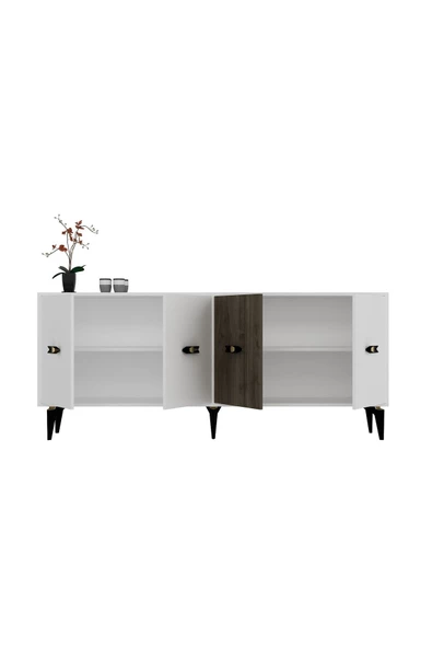 Cantek Dizayn Cherryct 180 Cm Konsol (Kx180) Ve Tv Sehpası 2'Li Salon Takımı Beyaz-Ceviz - 6