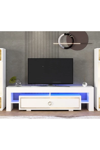 Cantek Dizayn Lissa Ledli Tv Sehpası Beyaz-Altın