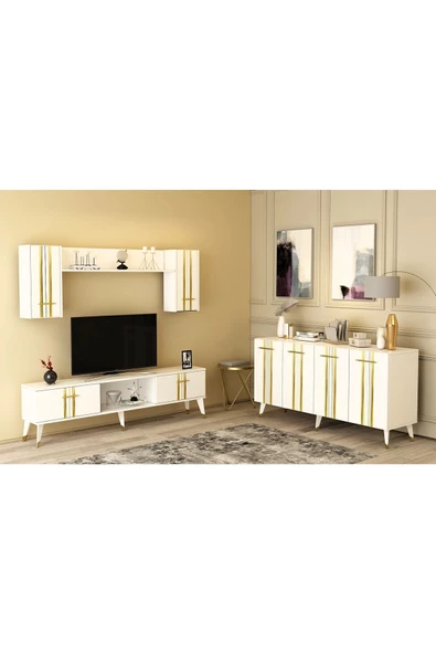 Cantek Dizayn Asel Tv Ünitesi Ve Konsol 2'Li Salon Takımı Beyaz-Altın
