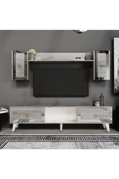 Cantek Dizayn Bora Tv Ünitesi, Orta Sehpa Ve Konsol 3'Lü Salon Takımı Efesmermer-Gümüş - 4