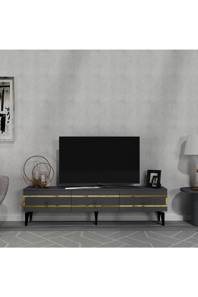 Cantek Dizayn İppek 180 Cm Tv Sehpası (Alt Modül) Antrasit-Altın