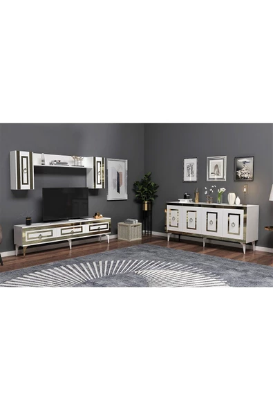 Cantek Dizayn Karrya 180 Cm Tv Ünitesi Ve Konsol 2'Li Salon Takımı Beyaz-Altın
