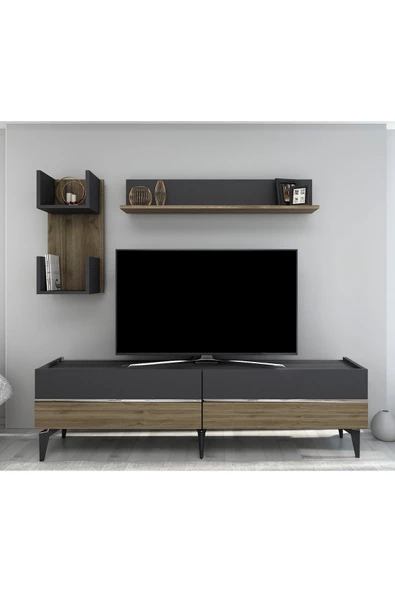 Cantek Dizayn Tedy Tv Ünitesi Takımı Antrasit-Ceviz-Gümüş