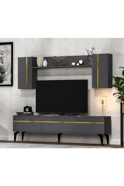 Cantek Dizayn Defne 180 Cm Tv Ünitesi Takımı Antrasit-Altın