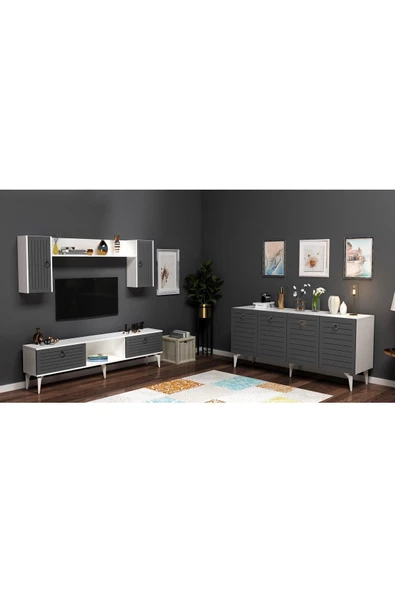 Cantek Dizayn Arrona Tv Ünitesi Ve Konsol 2'Li Salon Takımı Beyaz-Antrasit