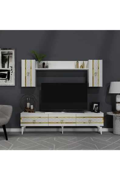 Cantek Dizayn İppek 180 Cm Tv Ünitesi Ve Konsol 2'Li Salon Takımı Beyaz-Altın - 2