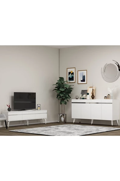 Cantek Dizayn Defne 180 Cm Tv Sehpası Ve Konsol 2'Li Salon Takımı Beyaz-Gümüş