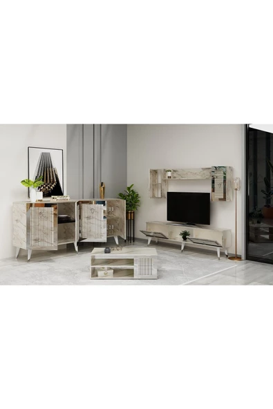 Cantek Dizayn Bora Tv Ünitesi, Orta Sehpa Ve Konsol 3'Lü Salon Takımı Efesmermer-Gümüş - 2