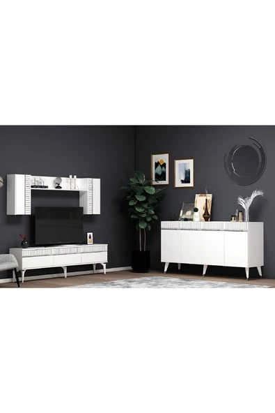 Cantek Dizayn Defne 180 Cm Tv Ünitesi Ve Konsol 2'Li Salon Takımı Beyaz-Gümüş