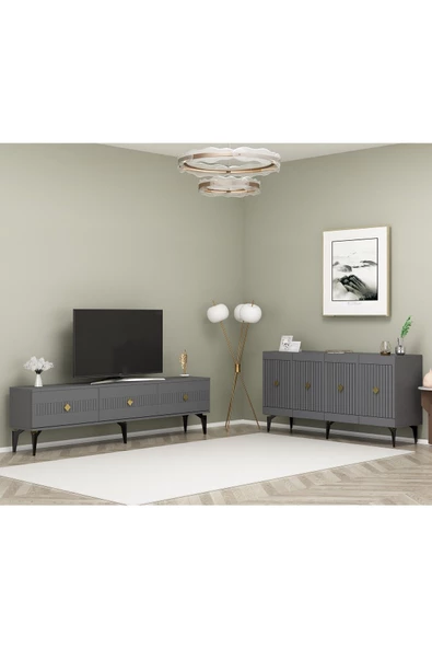 Cantek Dizayn Midas 180 Cm Tv Sehpası (Alt Modül) Ve 4 Kapaklı Konsol 2'Li Salon Takımı Antrasit-Altın