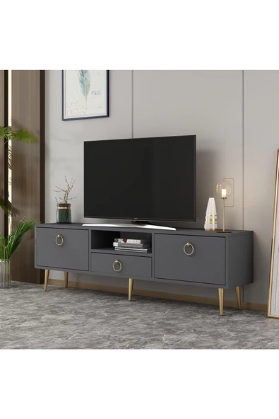 Cantek Dizayn Droop Tv Ünitesi 2 Kapaklı, Raflı Ve Çekmeceli Antrasit-Altın