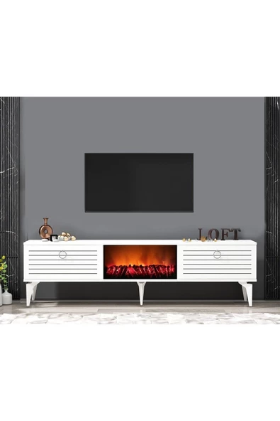 Cantek Dizayn Arrona Tv Sehpası (Alt Modül) Şömineli Beyaz-Beyaz
