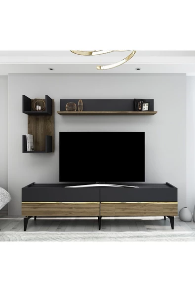 Cantek Dizayn Tedy Tv Ünitesi Takımı Antrasit-Ceviz-Altın