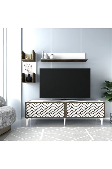 Cantek Dizayn Vita Tv Ünitesi Takımı Beyaz-(Ceviz Desen)