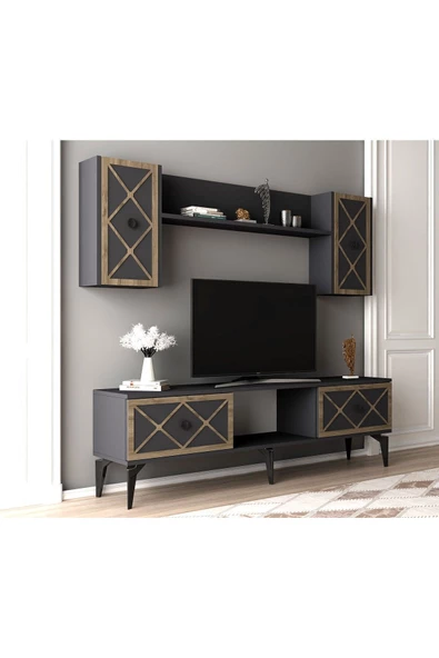 Cantek Dizayn Helen Tv Ünitesi Takımı Antrasit-(Ceviz Desen) - 2