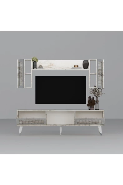 Cantek Dizayn Bora Tv Ünitesi, Orta Sehpa Ve Konsol 3'Lü Salon Takımı Efesmermer-Gümüş - 7