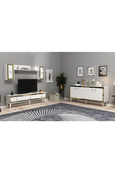 Cantek Dizayn Ponny 180 Cm Tv Ünitesi Ve Konsol 2'Li Salon Takımı Beyaz-Altın